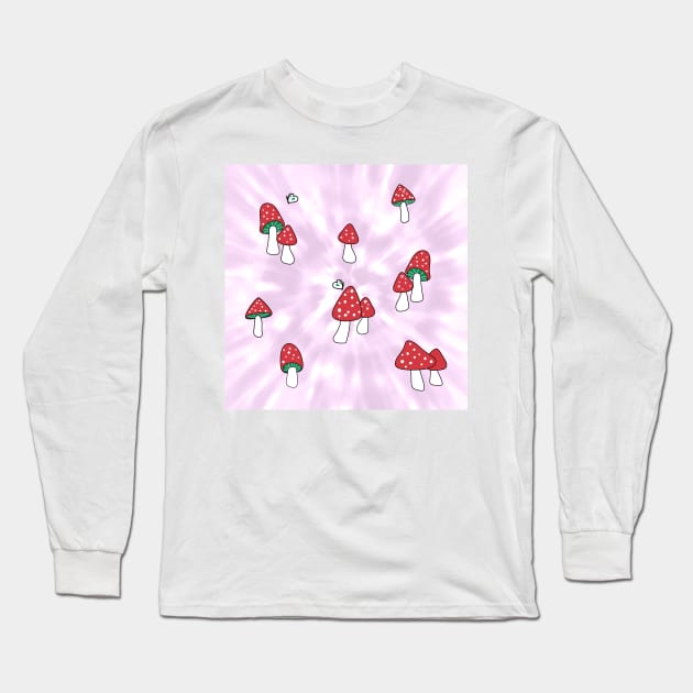 Aesthetic Red Hatted Mushrooms and Butterflies on a Mauve Pastel Tie Dye Background Long Sleeve T-Shirt by YourGoods